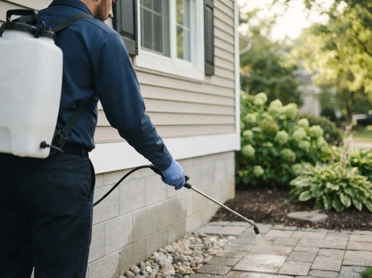 Pest control technician inspecting a home in Swansea, MA